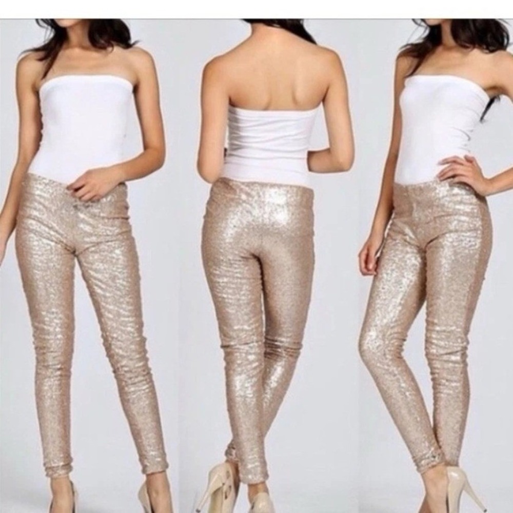 May & July Sequin Leggings Women's M Rose Gold‎ Fully Lined Holiday Party NWOT